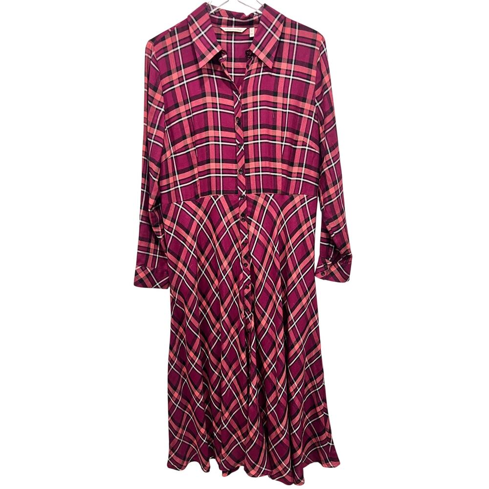 Soft Surroundings "Had me at Plaid" Button Front Midi Dress Size‎ Large Burgundy